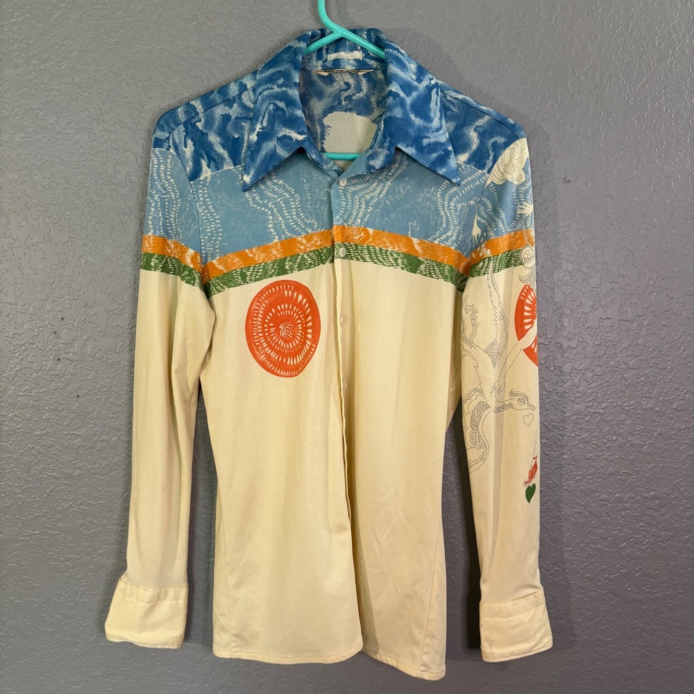 Vintage Nik-Nik 70s Disco Shirt Men's L Graphic Print Made in Italy Minor Flaws